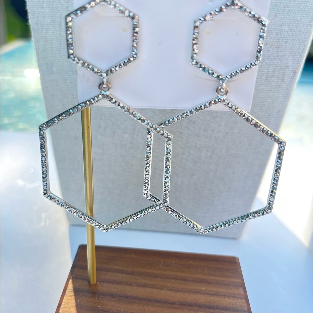 Aqua Silver Tone And Rhinestone Geometric Hexagon Dangle Earrings